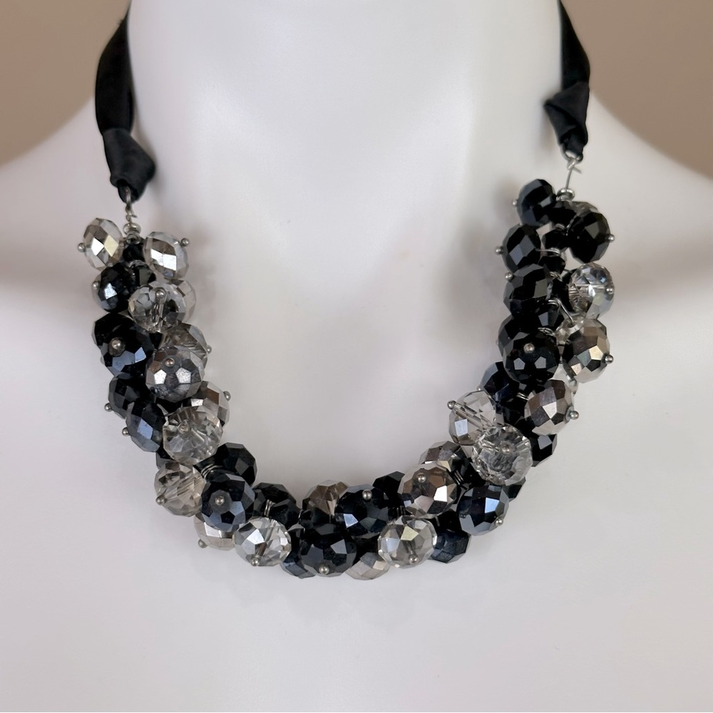 Ali Kahn New York Black & Clear Metallic Crystal Ribbon Choker Necklace Goth